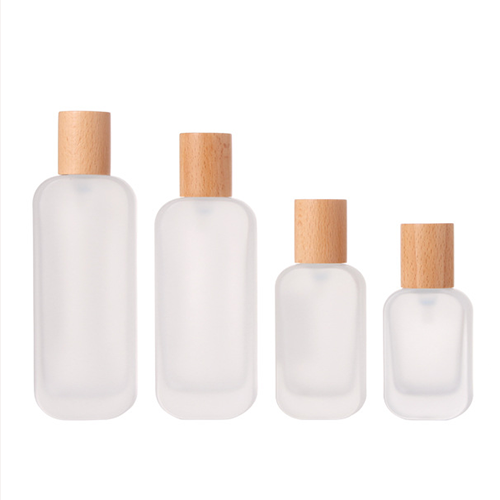 C) ガラスワンドロップポンプ(半透明・角丸平角×木目キャップ) 120ml - YOKIプラザ - 化粧品容器