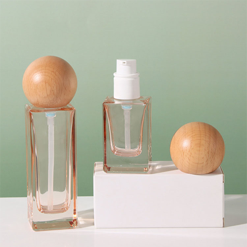 C) ガラスワンドロップポンプ(角型×木目丸キャップ) 120ml - YOKIプラザ - 化粧品容器