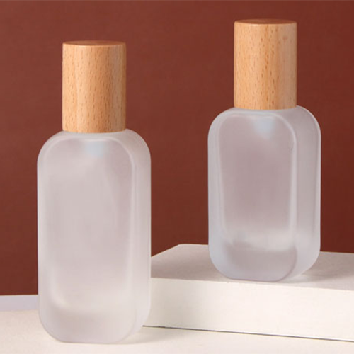 C) ガラスワンドロップポンプ(半透明・角丸平角×木目キャップ) 120ml - YOKIプラザ - 化粧品容器