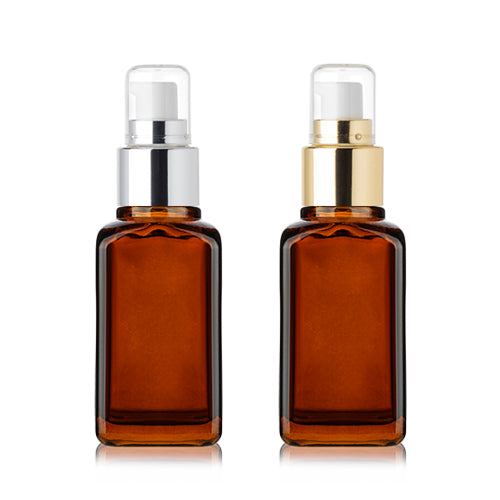 L) 金冠・銀冠オイル用ガラスポンプボトル(茶色・角型) 50ml - YOKIプラザ - 化粧品容器