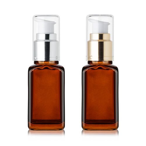 L) 金冠・銀冠ガラスドロップポンプ(茶色・角型) 50ml - YOKIプラザ - 化粧品容器