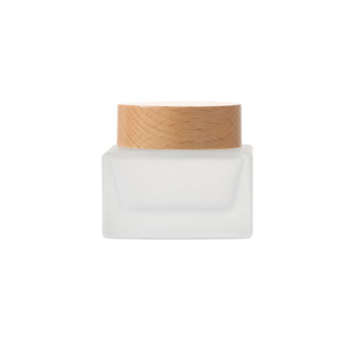 C) ガラスクリームジャー(半透明・角型×木目キャップ) 50g - YOKIプラザ - 化粧品容器