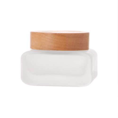 C) ガラスクリームジャー(半透明・角丸平角×木目キャップ) 50g - YOKIプラザ - 化粧品容器