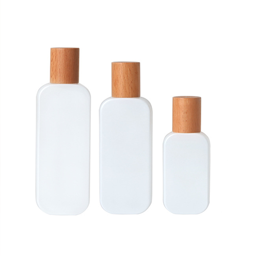 C) ガラスワンドロップポンプ(白・角丸平角×木目キャップ) 120ml - YOKIプラザ - 化粧品容器